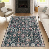 Covaba ultra-thin vintage floral moroccan trellis area rug in ink black, styled in a room setting, view 2