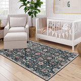 Covaba ultra-thin vintage floral moroccan trellis area rug in ink black, styled in a room setting, view 3