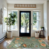 Covaba boho modern parisian floral scalloped area rug in fern green, styled in a room setting, view 8