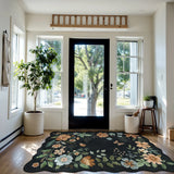 Covaba boho modern parisian floral scalloped area rug in ink black, styled in a room setting, view 9