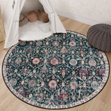 Covaba ultra-thin vintage floral moroccan trellis round rug in ink black, styled in a room setting, view 6