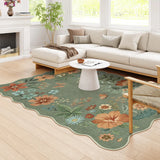 Covaba boho modern parisian floral scalloped area rug in fern green, styled in a room setting, view 10