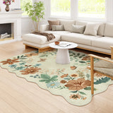Covaba boho modern parisian floral scalloped area rug in warm beige, styled in a room setting, view 2