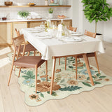 Covaba boho modern parisian floral scalloped area rug in warm beige, styled in a room setting, view 3