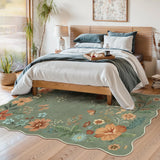 Covaba boho modern parisian floral scalloped area rug in fern green, styled in a room setting, view 3