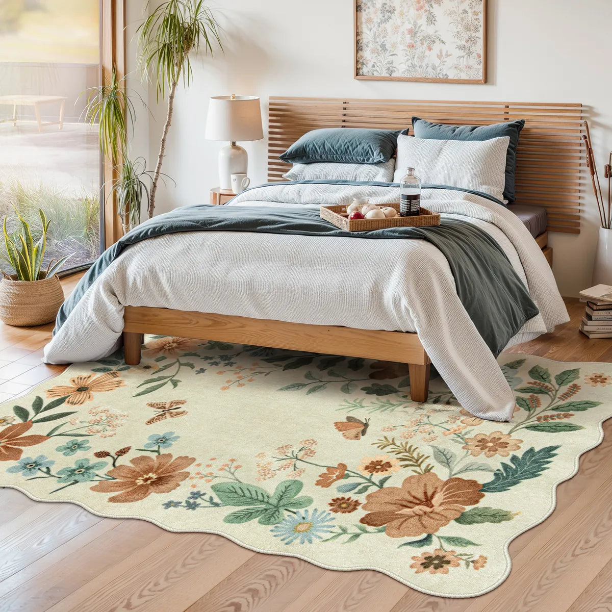 Covaba boho modern parisian floral scalloped area rug in warm beige, styled in a room setting