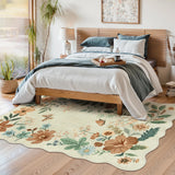 Covaba boho modern parisian floral scalloped area rug in warm beige, styled in a room setting
