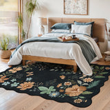 Covaba boho modern parisian floral scalloped area rug in ink black, styled in a room setting, view 4
