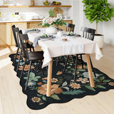 Covaba boho modern parisian floral scalloped area rug in ink black, styled in a room setting, view 7