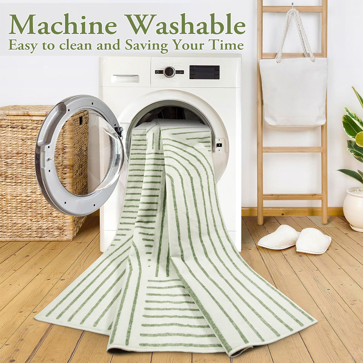Covaba abstract rainbow stripe green/white rug in fern green, styled in a room setting
