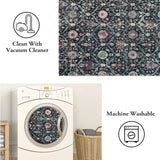 Covaba ultra-thin vintage floral moroccan trellis rug in ink black, styled in a room setting