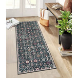 Covaba ultra-thin vintage floral moroccan trellis runner rug in ink black, shown flat on a plain ivory backdrop, view 2