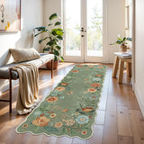 Covaba boho modern parisian floral scalloped runner rug in fern green, styled in a room setting, view 2