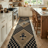 Covaba tribal soft easy jute indoor/outdoor runner rug in ink black, styled in a room setting, view 9