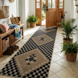Covaba tribal soft easy jute indoor/outdoor runner rug in ink black, styled in a room setting, view 10