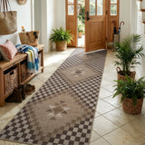 Covaba tribal soft easy jute tan indoor/outdoor runner rug in multicolor, styled in a room setting, view 8
