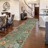 Covaba boho modern parisian floral scalloped runner rug in fern green, styled in a room setting