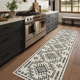 Covaba aztec moroccan distressed runner rug in warm beige, styled in a room setting