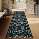 Covaba aztec moroccan distressed runner rug in ink black, styled in a room setting, view 2