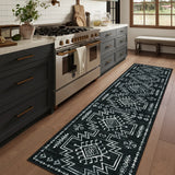 Covaba aztec moroccan distressed runner rug in ink black, styled in a room setting