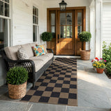 Covaba checkered easy jute indoor/outdoor runner rug in coffee brown, styled in a room setting, view 2