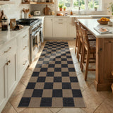 Covaba checkered easy jute indoor/outdoor runner rug in coffee brown, styled in a room setting, view 3