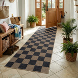Covaba checkered easy jute indoor/outdoor runner rug in coffee brown, styled in a room setting