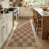 Covaba checkered easy jute indoor/outdoor runner rug in dune khaki, styled in a room setting, view 4