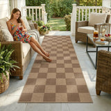 Covaba checkered easy jute indoor/outdoor runner rug in dune khaki, styled in a room setting, view 2