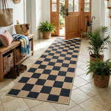Covaba checkered easy jute natural indoor/outdoor runner rug in ink black, styled in a room setting, view 6
