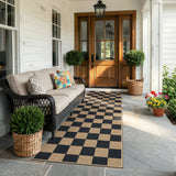 Covaba checkered easy jute natural indoor/outdoor runner rug in ink black, styled in a room setting, view 7