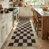 Covaba checkered easy jute natural indoor/outdoor runner rug in ink black, styled in a room setting, view 8