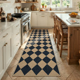 Covaba geometric checkered easy jute indoor/outdoor runner rug in ink black, styled in a room setting, view 7