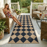 Covaba geometric checkered easy jute indoor/outdoor runner rug in ink black, styled in a room setting, view 6