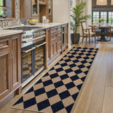 Covaba geometric checkered easy jute indoor/outdoor runner rug in coffee brown, styled in a room setting