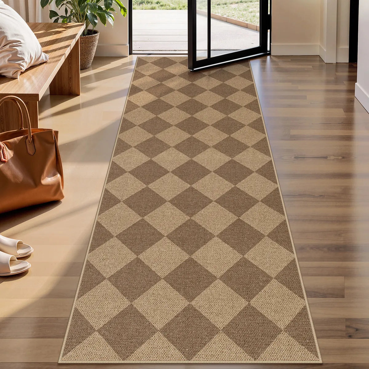 Covaba geometric checkered easy jute indoor/outdoor runner rug in dune khaki, styled in a room setting