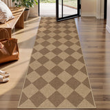 Covaba geometric checkered easy jute indoor/outdoor runner rug in dune khaki, styled in a room setting