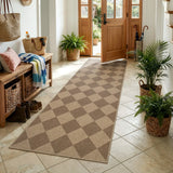 Covaba geometric checkered easy jute indoor/outdoor runner rug in dune khaki, styled in a room setting, view 3