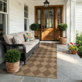 Covaba geometric checkered easy jute indoor/outdoor runner rug in dune khaki, styled in a room setting, view 5