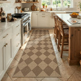 Covaba geometric checkered easy jute indoor/outdoor runner rug in dune khaki, styled in a room setting, view 2