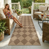 Covaba geometric checkered easy jute indoor/outdoor runner rug in dune khaki, styled in a room setting, view 4