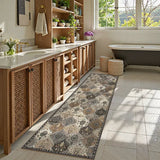 Covaba ultra-thin vintage floral moroccan trellis runner rug in pearl grey, styled in a room setting, view 9