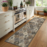 Covaba ultra-thin vintage floral moroccan trellis runner rug in pearl grey, styled in a room setting, view 10
