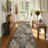 Covaba ultra-thin vintage floral moroccan trellis runner rug in pearl grey, styled in a room setting, view 8