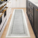 Covaba modern minimalist line runner rug in pearl grey, styled in a room setting