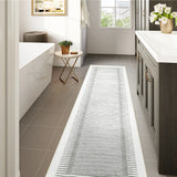 Covaba modern minimalist line runner rug in pearl grey, styled in a room setting, view 2