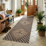 Covaba tribal soft easy jute tan indoor/outdoor runner rug in multicolor, styled in a room setting, view 6