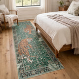 Covaba wild tiger runner rug in fern green, styled in a room setting, view 5