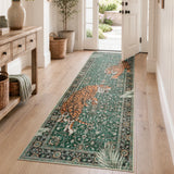 Covaba wild tiger runner rug in fern green, styled in a room setting, view 6