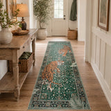 Covaba wild tiger runner rug in fern green, styled in a room setting, view 3
